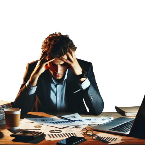 Homme stressé et débordé de travail à son bureau avec des graphiques et des documents – impact du stress professionnel sur la santé, formation Impact Maximum par Lorenzo